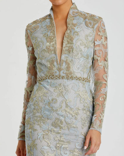 Blue Queen Anne Lace Long Sleeve V-Neck Trumpet Gown