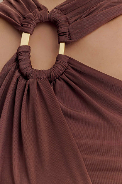 Lottie Slinky Maxi Dress With Split - Chocolate