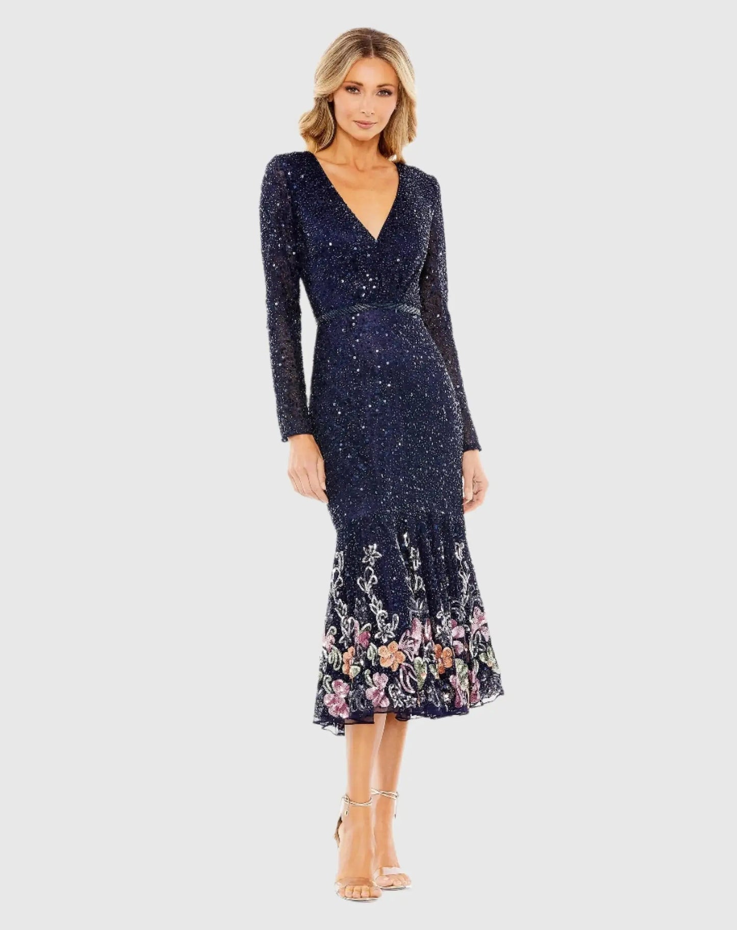 Long Sleeve Faux Wrap Embellished Tea Length Dress