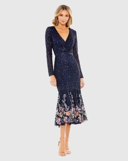 Long Sleeve Faux Wrap Embellished Tea Length Dress