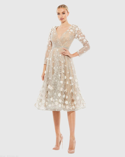 Beige Floral Embellished Lace A-Line Cocktail Dress