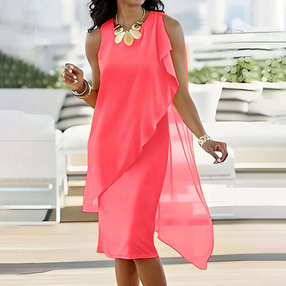 ⏳Time-limited Special⏰Women's Summer Elegant Round Neck Asymmetric Mesh Sleeveless Dress👗